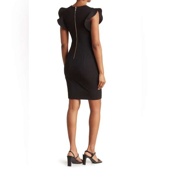 Calvin Klein Ruffle Shoulder Black Sheath Dress | Size 10 - Picture 2 of 12